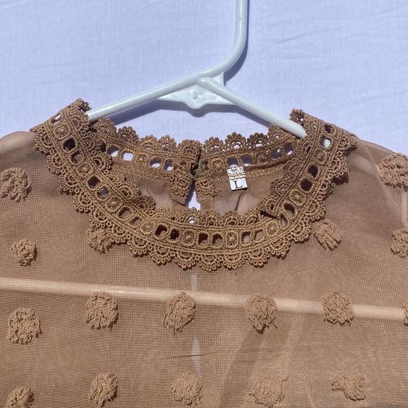 Beige Size Large High Neck Polka Dot Sheer Blouse With Attached Cami - Picture 2 of 5